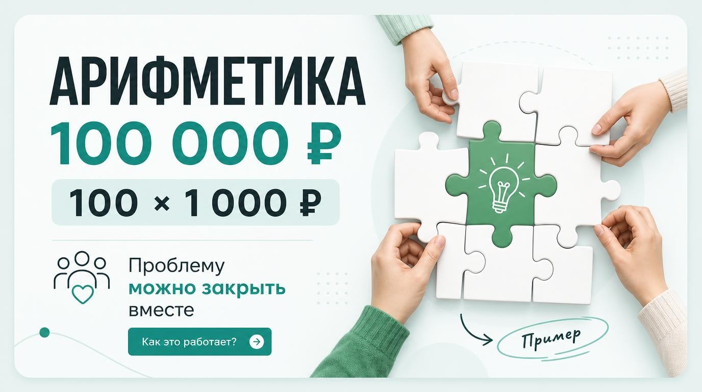 Арифметика: 100 человек по 1 000 ₽ — 100 000 ₽. Пример, не обещание, что цель закроется.